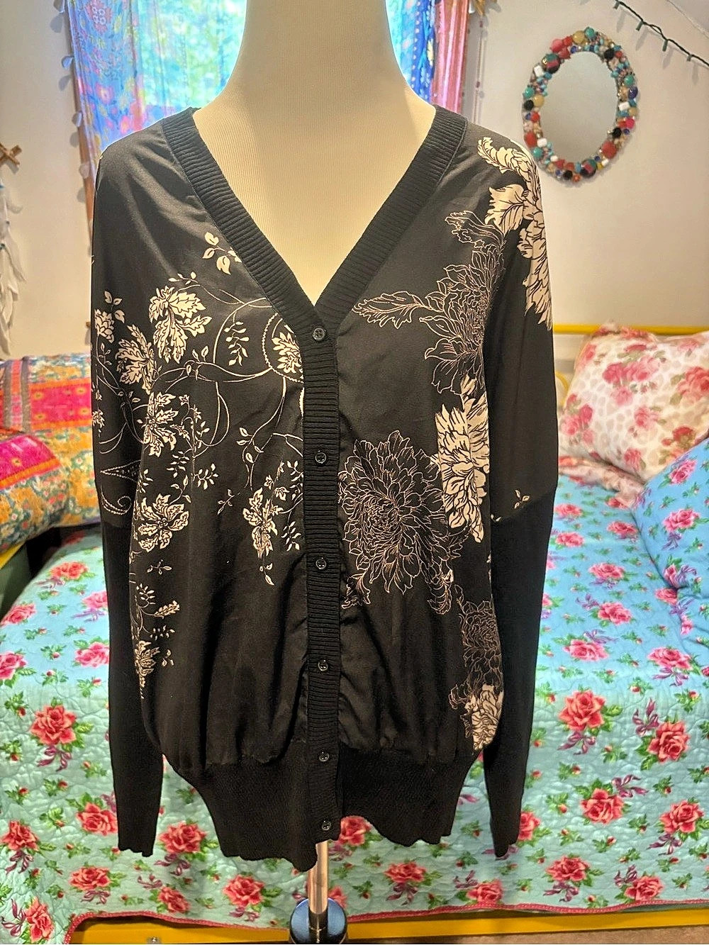 August Silk Black Floral Button Front Cardigan